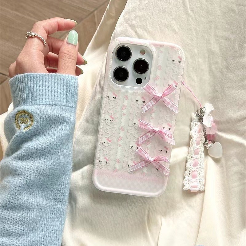 Dulce lazo de encaje rosa para iPhone15 funda para teléfono móvil 14pro max mujer 13pro colgante 12