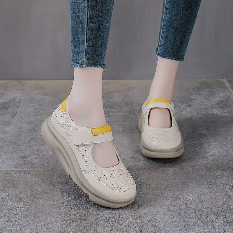 Dép Mary Jane nữ đế dày da bò thật quai Velcro thoáng khí — trắng