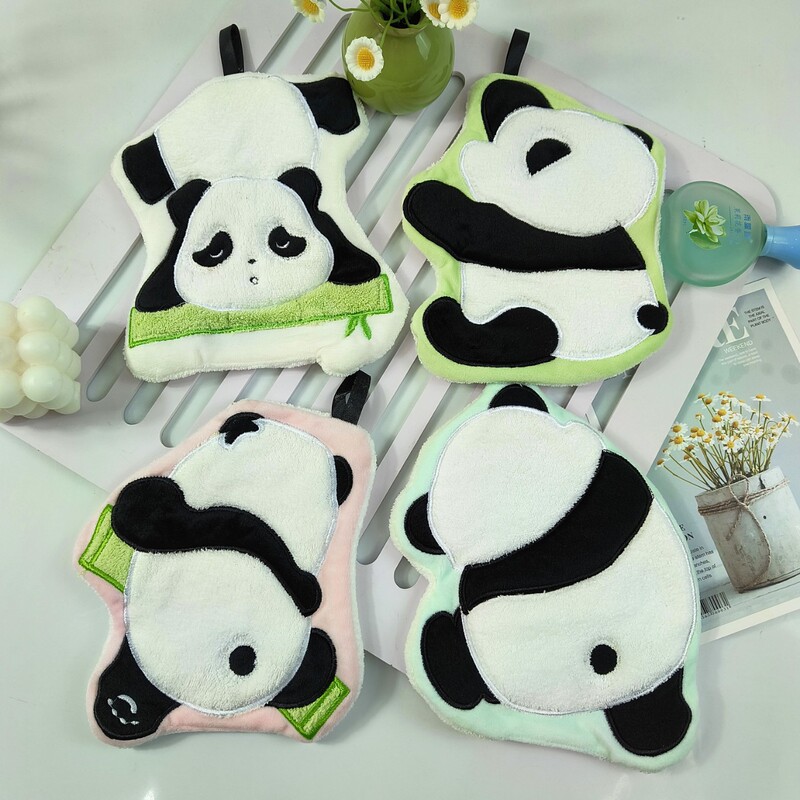 Cute Animal Hand Towel Panda Embroidered Soft Towel Coral Velvet Kitchen Rag Hanging Absorbent Hand Towel