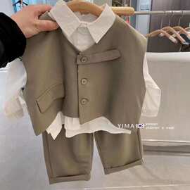 男童秋季套装2025新款潮酷儿童秋装男宝宝帅气休闲西服马甲三件套