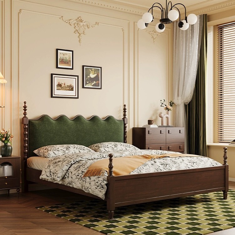 Medieval Style Double Bed 1.5 1.8m American Retro All Solid Wood Bed Master Bedroom New Chinoiserie Backrest Soft Wedding Bed