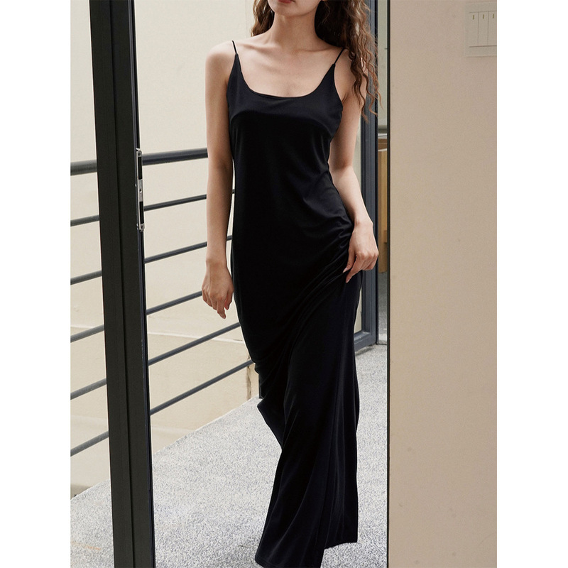 Summer New French Retro Sexy Low-Neck Suspender Dress Slim Waist Slimming Light Dress Long Skirt for Women