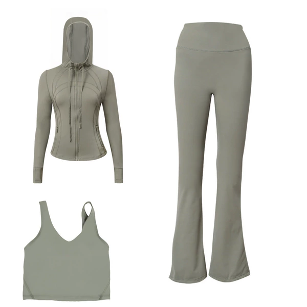 Jacket with hood, vest, flared trousers
