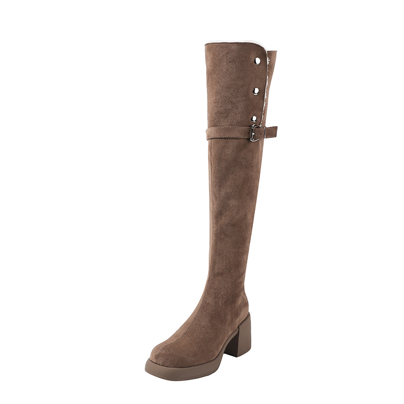 New high, long, heavy-soled lamb fleece boots with chunky heels_voghion.com