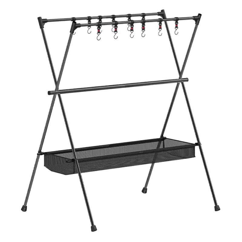 Acampar al aire libre plegable estante de almacenamiento portátil de doble capa que acampa auto-conducción viajes hogar picnic rack de almacenamiento con bolsillo neto