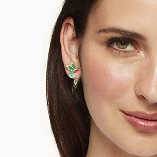Stylish European and American enamel stud earrings with a unique drop-oil design—women's diamond-encrusted jewelry featuring flying birds and vibrant hummingbirds.
