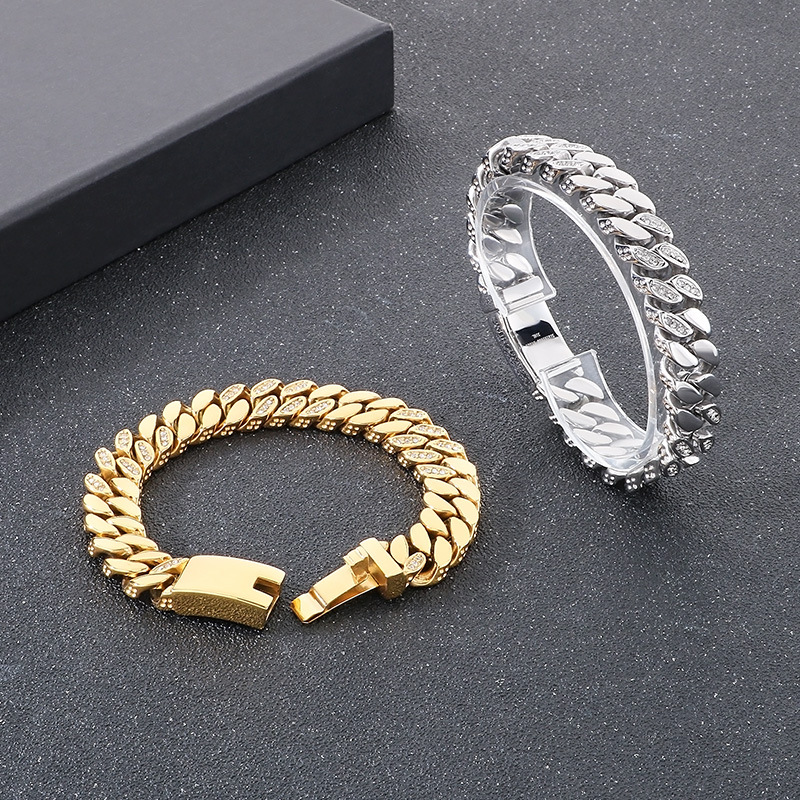 Pulsera de moda estilo hip hop diseño creativo 12mm diamante cadena cubana borde de corte punteado pulsera de acero de titanio para hombre