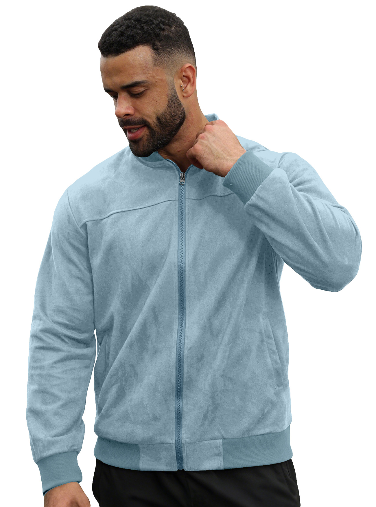 Chaqueta de aviador de gamuza para hombre, estilo europeo y americano, para otoño, color sólido, con cremallera, estilo retro americano, de manga larga.