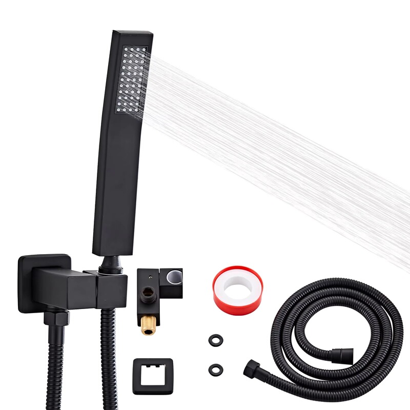 Bathroom Polished Black Solid Brass Square Rain Shower Handheld Showerhead with Slide Bar and Ceramic Valve Core, Wall-Mounted