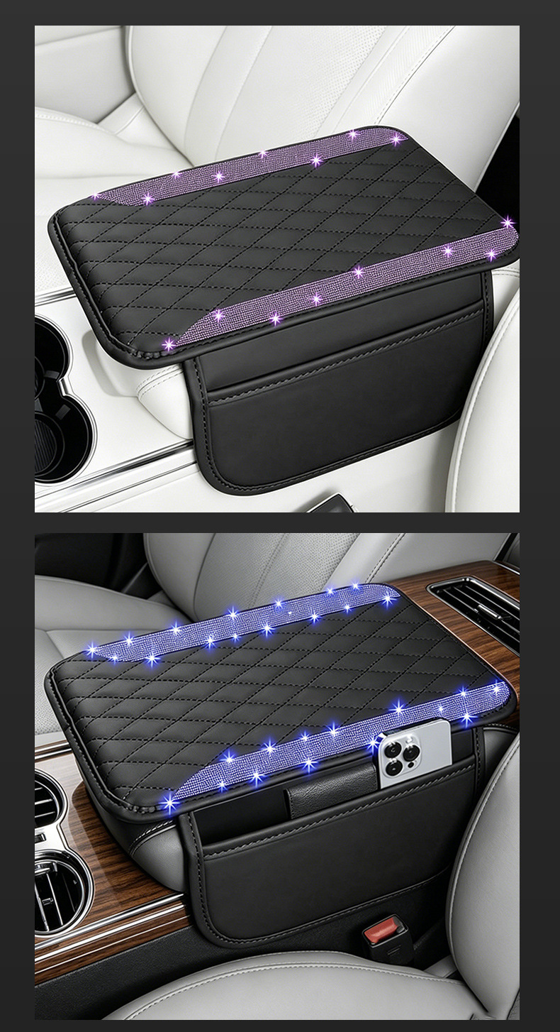 Cross-Border Central Armrest Box Mat, New Diamond Leather Hot-Selling Car Armrest Mat, High-End Armrest Mat with Storage Bag