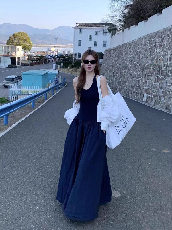 2025 Summer Patchwork Vest Dress Long Skirt Korean Style New Elegant Pure Desire Slim Waist Sleeveless Strap Dress 2025 Summer Patchwork Vest Dress Long Skirt Korean Style New Elegant Pure Desire Slim Waist Sleeveless Strap Dress