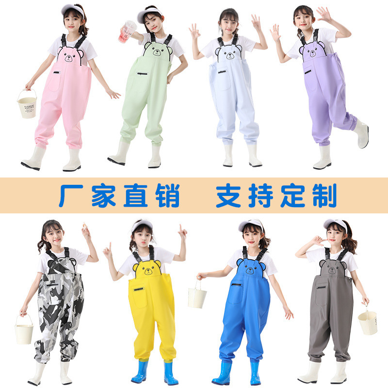 Children's water pants water-playing one-piece kindergarten waterproof clothes sea-catching rain pants boys and girls rain boots catch fish Beach