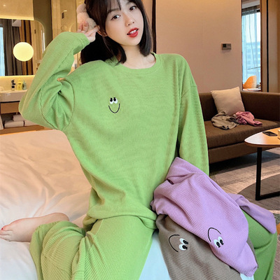 Two piece pajamas Autumn and winter pajamas Long sleeve Waffle Korean Edition Cartoon Home Furnishings Two piece set