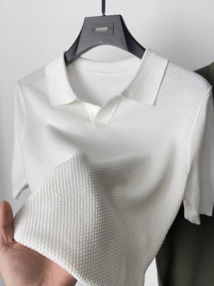 2025 primavera y verano nuevo estilo americano estilo perezoso suéter de punto ligero para hombre, camisa POLO de manga corta con solapa guapa
