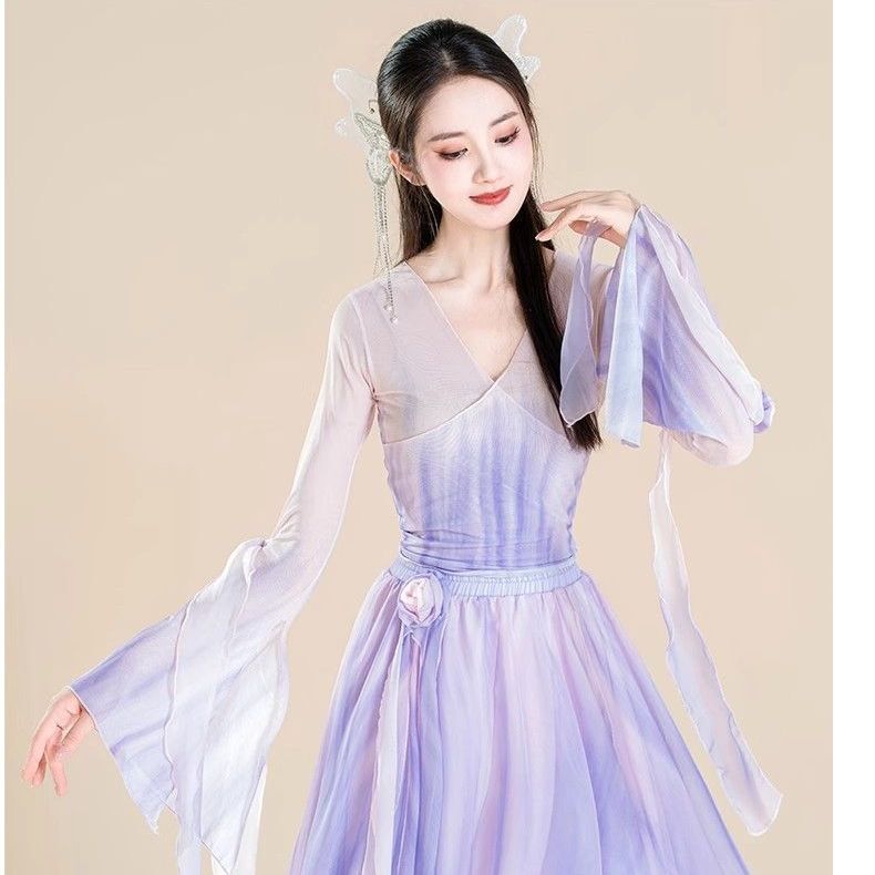 原创古典舞蹈服渐变花朵纱衣飘逸大摆裙中国舞练功服演出服 超仙|undefined