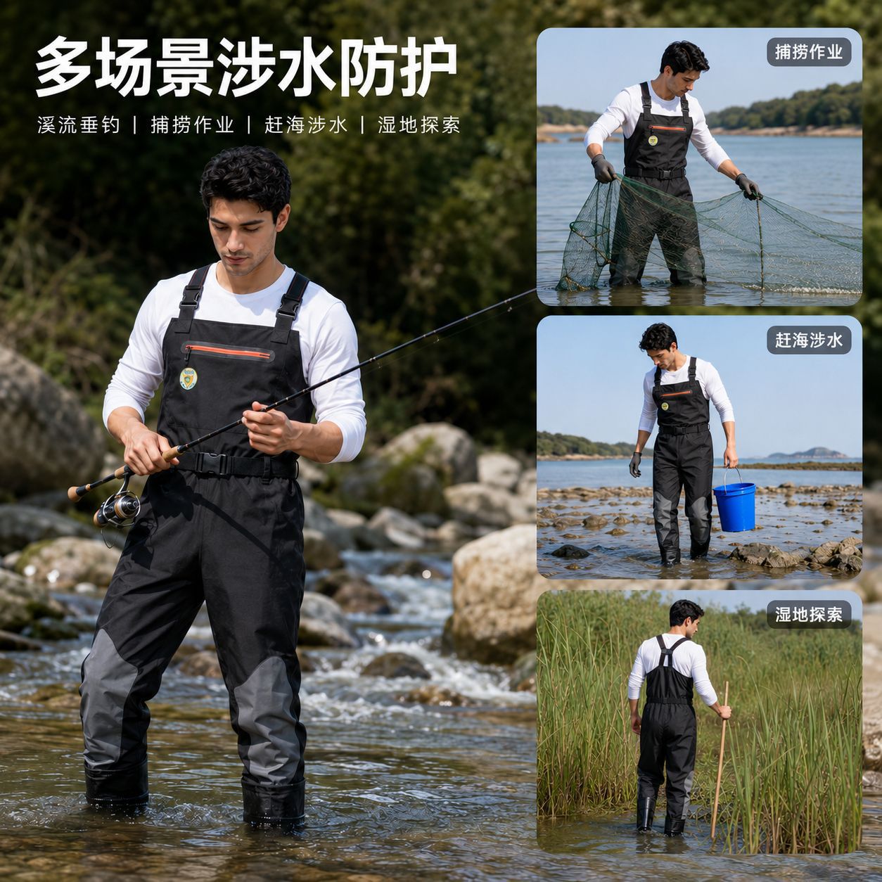 Outdoor fishing and sea fishing one-piece wading pants, wear-resistant, tear-resistant, with knee protection and waterproof storage pockets, professional wading equipment