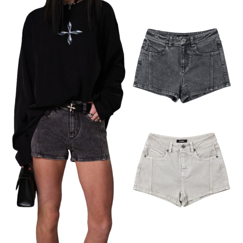[Same Style as Wang Yuwen] Smfk Vintage Elastic Denim Shorts Cotton Pants for Summer Women