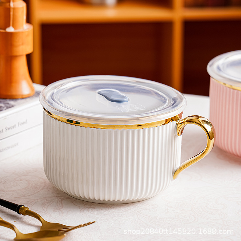 Tazón de fideos instantáneos de cerámica creativa con tapa para estudiantes de dormitorio con mango Tazón de fideos instantáneos para comedor Caja de almuerzo para uso personal
