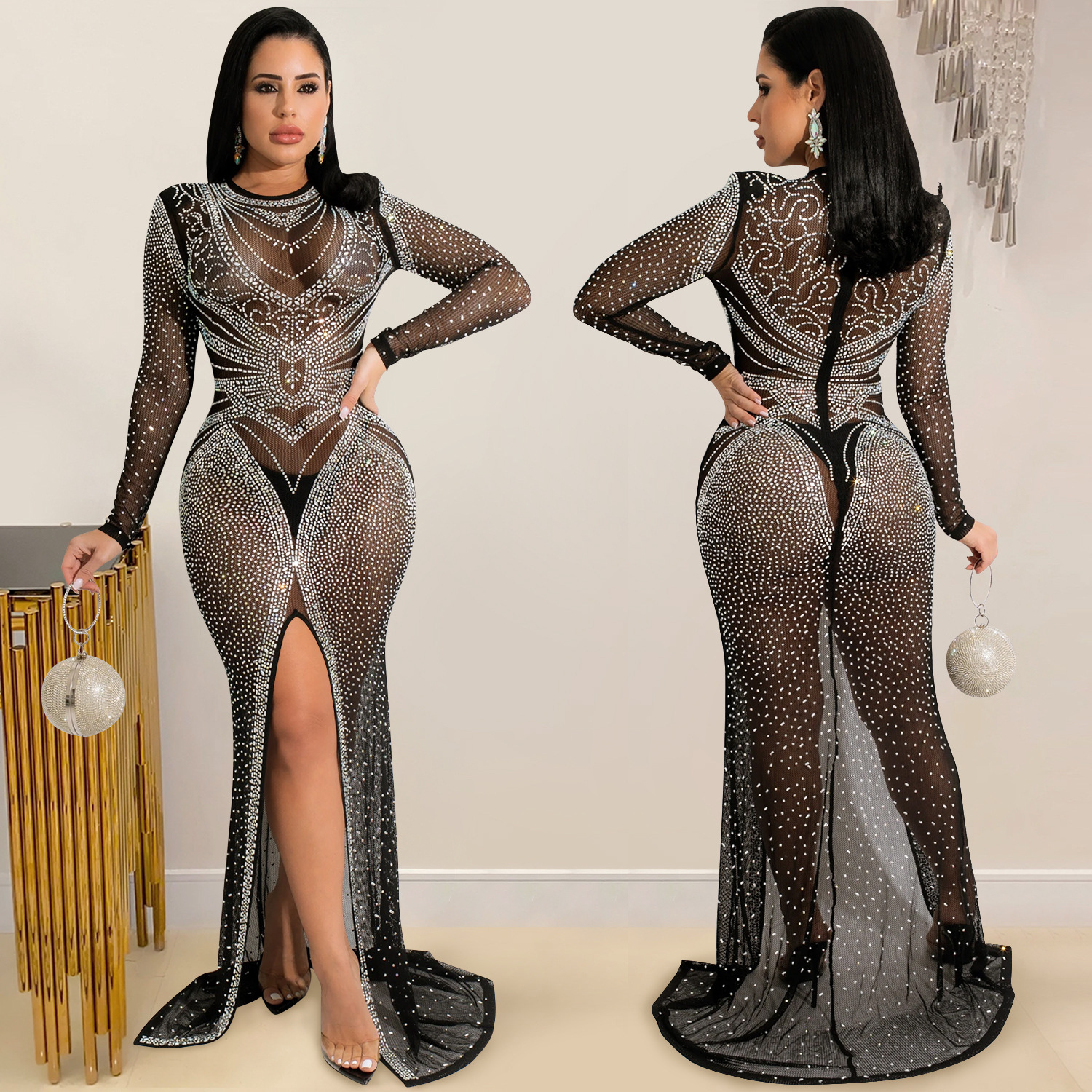 X5595 AliExpress moda europea y americana discoteca rhinestone caliente de las mujeres malla transparente manga larga split vestido mujeres