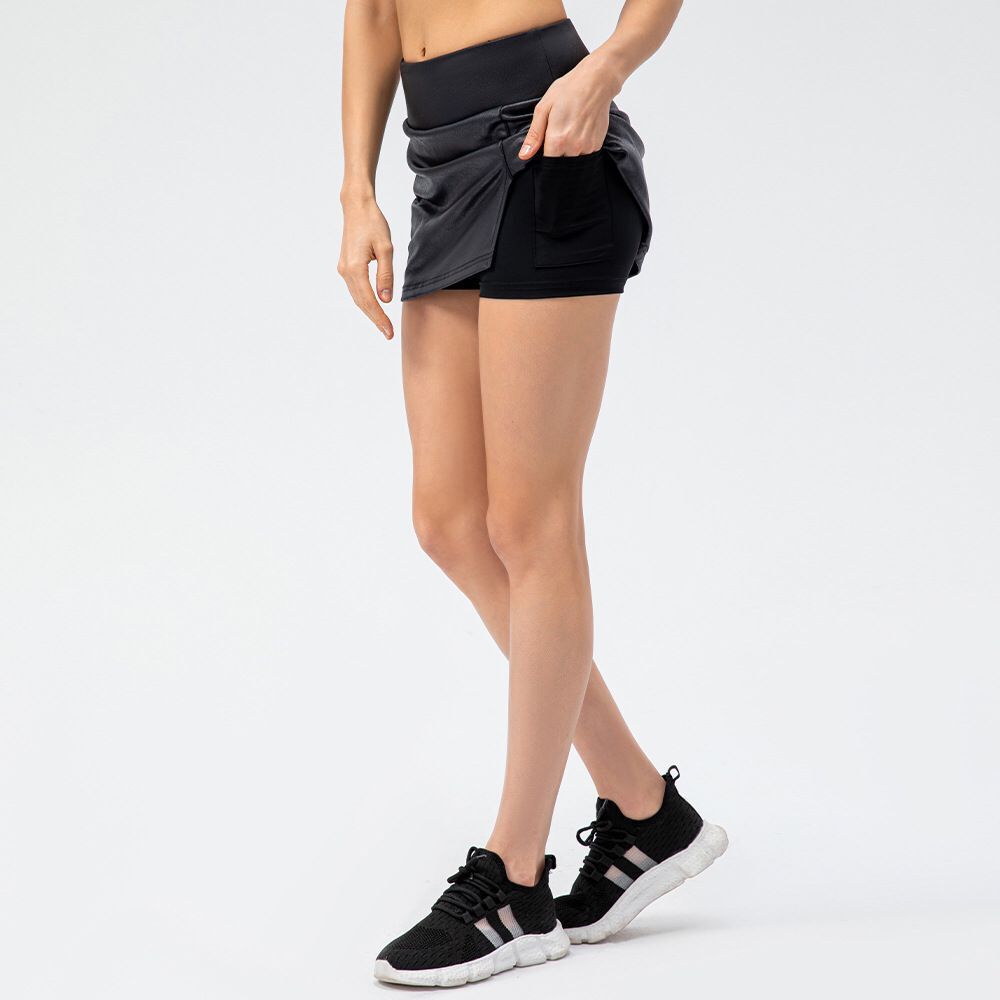 Spring And Summer Imitation Leather Tight Sports Skirt High Elastic Breathable Fake Two-piece Skirt Fitness Running Culottes