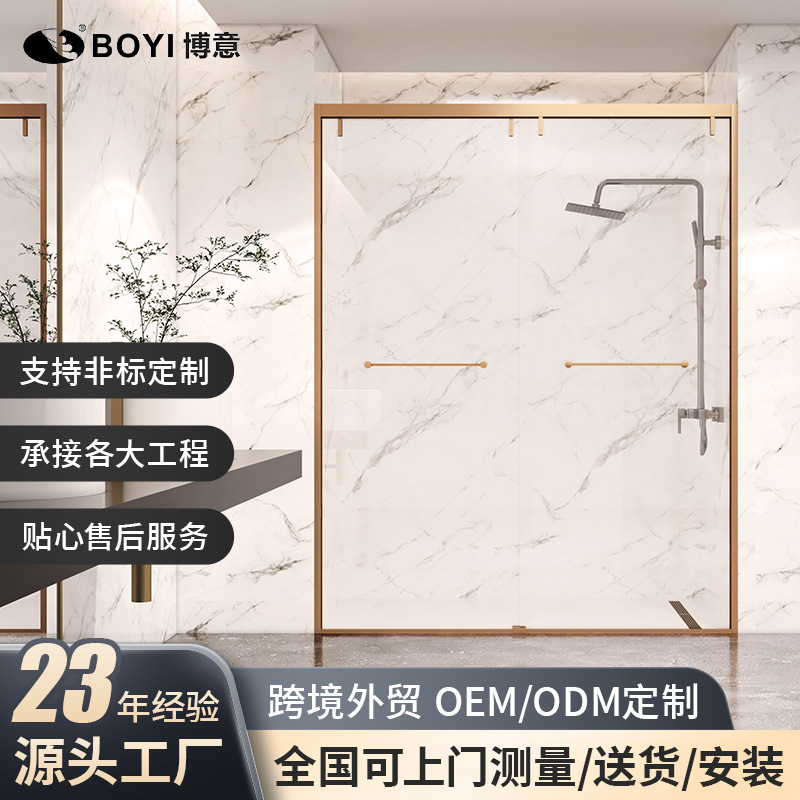 One-Line Shower Room Stainless Steel Glass Partition Champagne Gold Brushed Bright Flat Door Dry and Wet Separation Shower Room