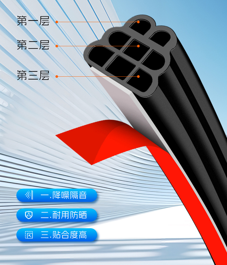 Car Three-Layer Sealing Strip, Sound Insulation Strip, Door Seam Strip, Dustproof and Waterproof, Additional Eight-Hole Upgraded Universal Sealing Strip