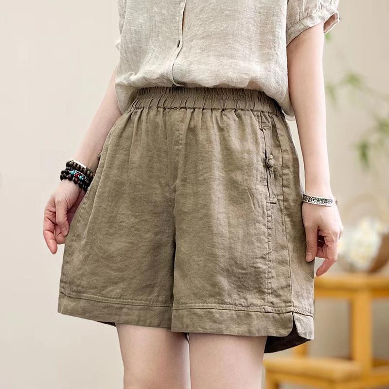 2024 summer new elastic waist plus size slim three-point straight pants solid color vintage buckle stitching linen shorts