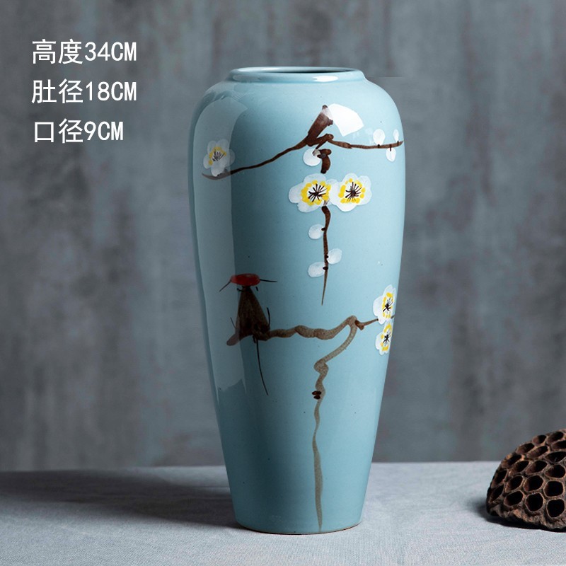 景徳鎮の陶磁器の花瓶の置物の客間の生け花の新しい中国式の玄関の装飾品の花器の復古の太い陶缶の植木鉢|undefined