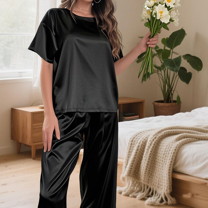 Nuevo estilo transfronterizo de manga corta pijamas sueltos pantalones de dos piezas con cuello redondo grande traje de servicio a domicilio de primavera, verano y otoño al por mayor