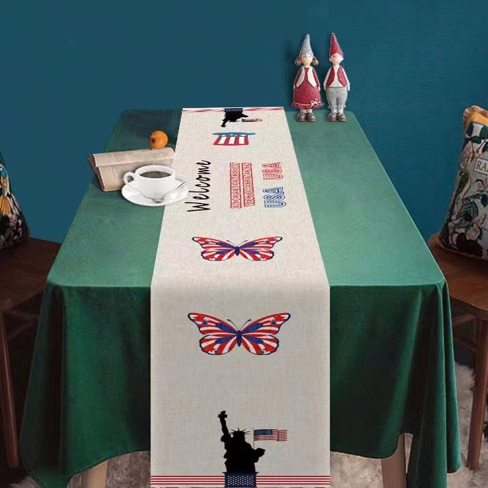 Transfronterizo 2024 nuevo día de la independencia de los Estados Unidos lino bandera de mesa bandera estrella y rayas tela de mesa de comedor cama de té tela de mesa