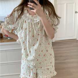韩国ins女士夏季新棉纱碎花蕾丝边生日熊甜美公主风居家睡衣套装