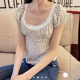 BM新款碎花三粒扣花边领短袖衬衫上衣女 bm百搭修身显瘦泡泡袖T恤