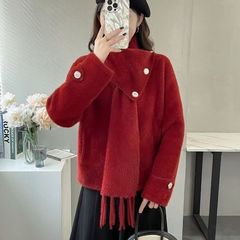 2025法式小香风粉色带围巾毛衣外套女冬季新款宽松加厚针织开衫