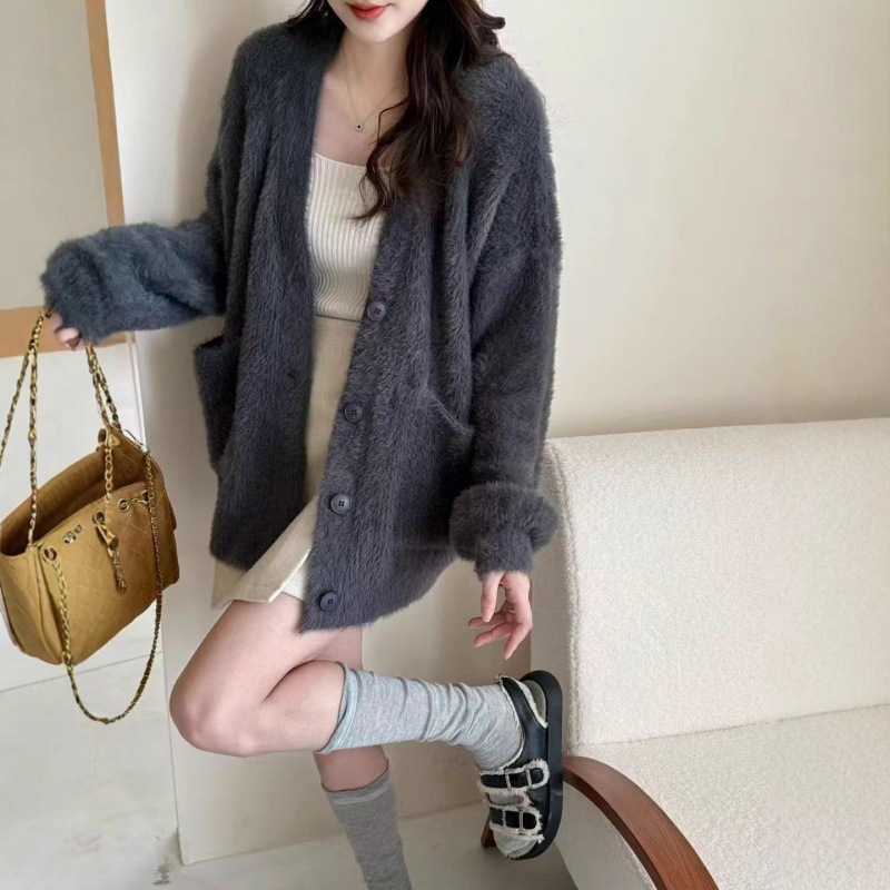 韩版软糯仿貂绒针织外套女秋冬新款宽松慵懒风V领单排扣女装开衫|undefined