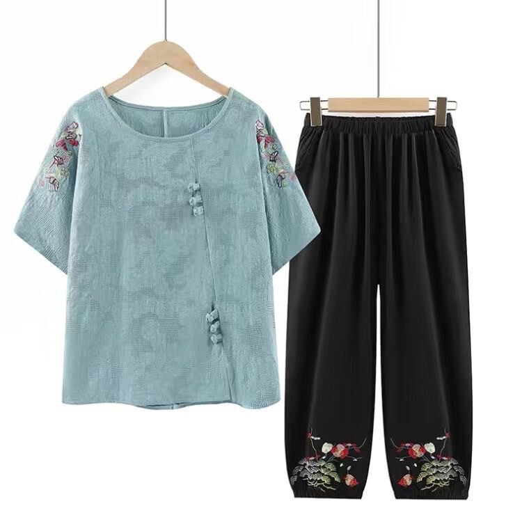Middle-Aged and Elderly Grandmothers Summer Short-Sleeved Suits Cotton and Linen Female Mothers Plus Size Summer T-Shirts Old Ladies Clothes