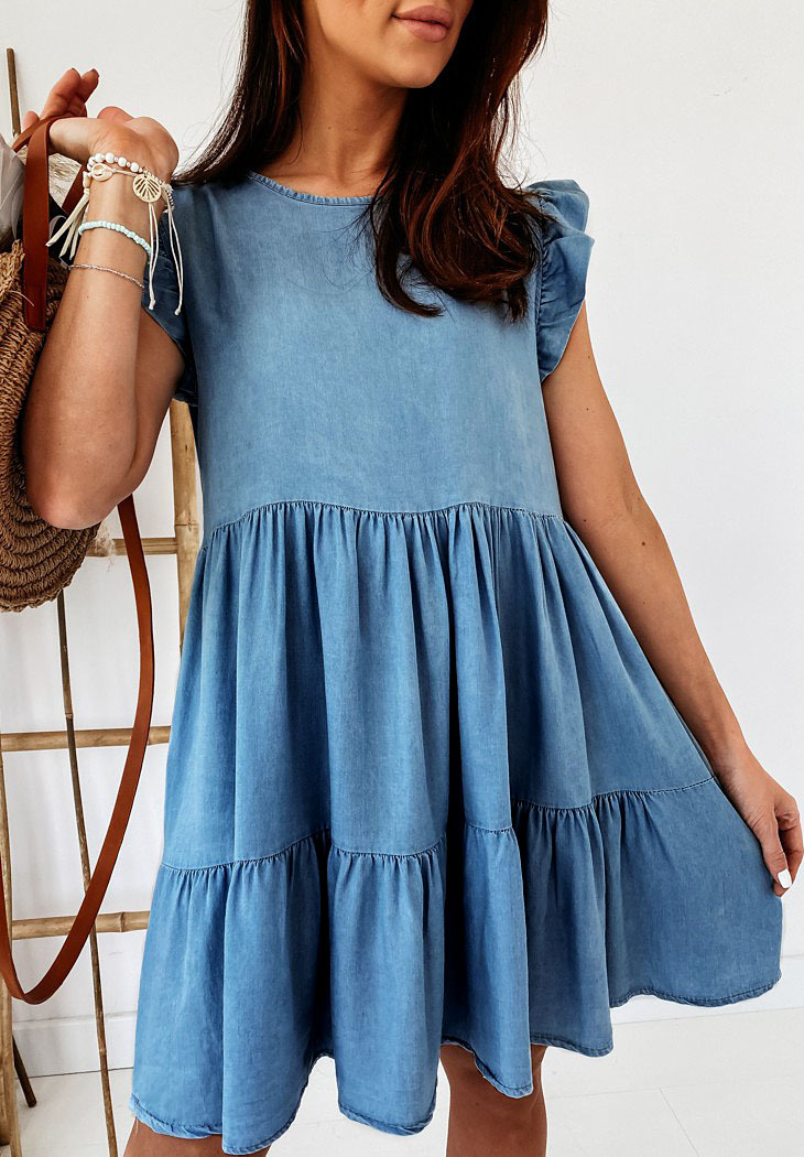 Pleated Design Casual Style Wholesale Women's Casual Pleated Solid Color Daily Street Round Neck Sleeveless Denim Dress