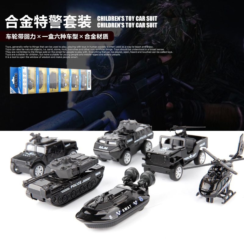 Coche de aleación de simulación transfronteriza modelo de coche de policía Vehículo de ingeniería militar Camión de bomberos 6 Pack traje juguetes para niños