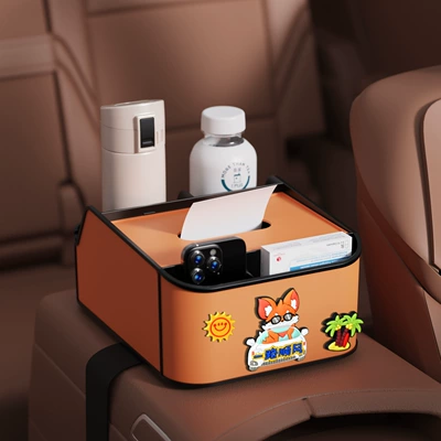Car Armrest Box Tissue Box Cartoon Cute Car Armrest Box Storage Box Water Cup Holder Storage Box Leather Sticker (Car tissue box/set) - good-luck-8th-generation-armrest-box-storage-box-orange