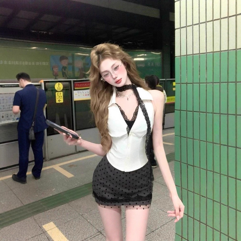 Hot Girl Spliced Lace Sexy Slim Vest Top Two-Piece Sleeveless Summer Polka Dot Suit Short Skirt Slimming Women Hot Girl Spliced Lace Sexy Slim Vest Top Two-Piece Sleeveless Summer Polka Dot Suit Short Skirt Slimming Women