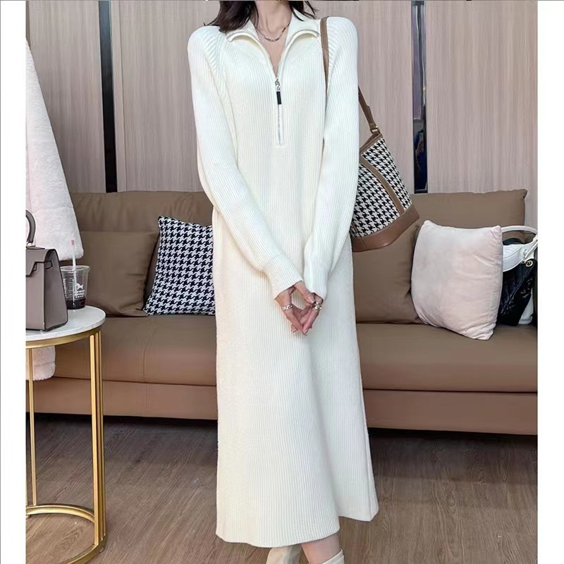 빈티지 게으른 스타일 지퍼 높은 목 니트 원피스 여성용 가을 및 겨울 코트 내부 미디베이스 스웨터 원피스