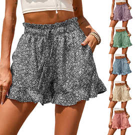 亚马逊2023欧美夏季新款外贸跨境女装 雪纺印花休闲口袋收腰短裤