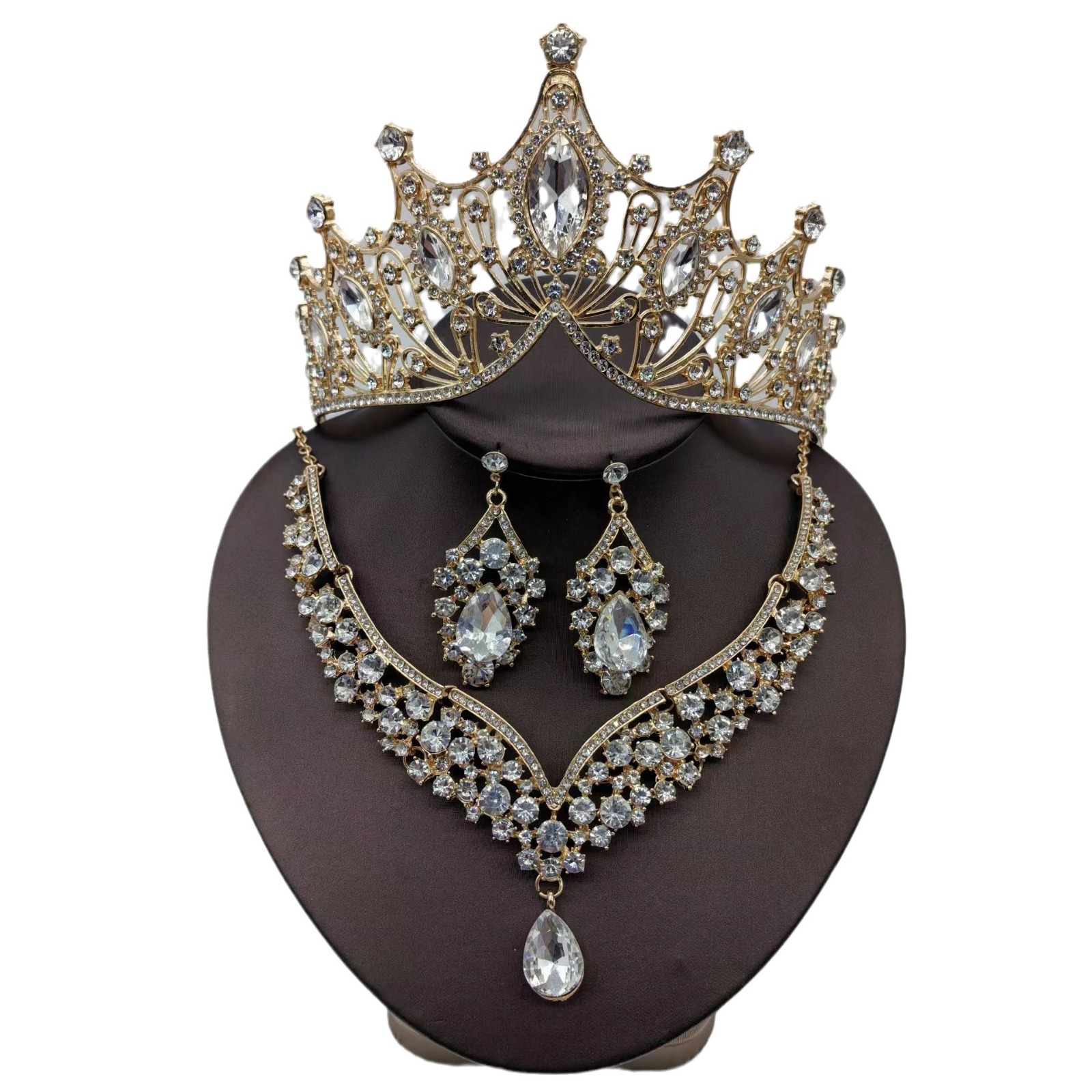 Collar de corona europea y americana traje de tres piezas tocado de novia ojo de caballo vestido de lujo barroco corona venta caliente