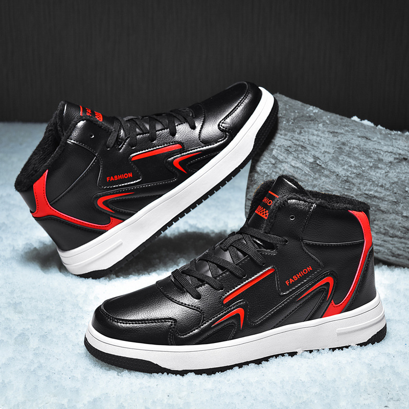 冬款青少年中帮棉鞋皮面防水运动鞋初中男生波鞋高中生加棉篮球鞋