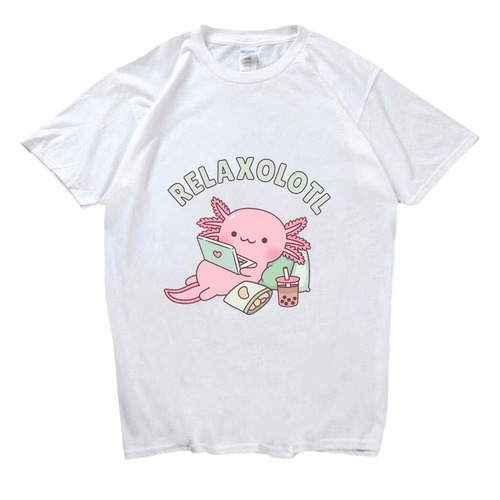 Summer Axolotl Boba Milk Tea T-Shirt for Men and Women, Casual Sports T-Shirt, Couple's Cotton Short Sleeve