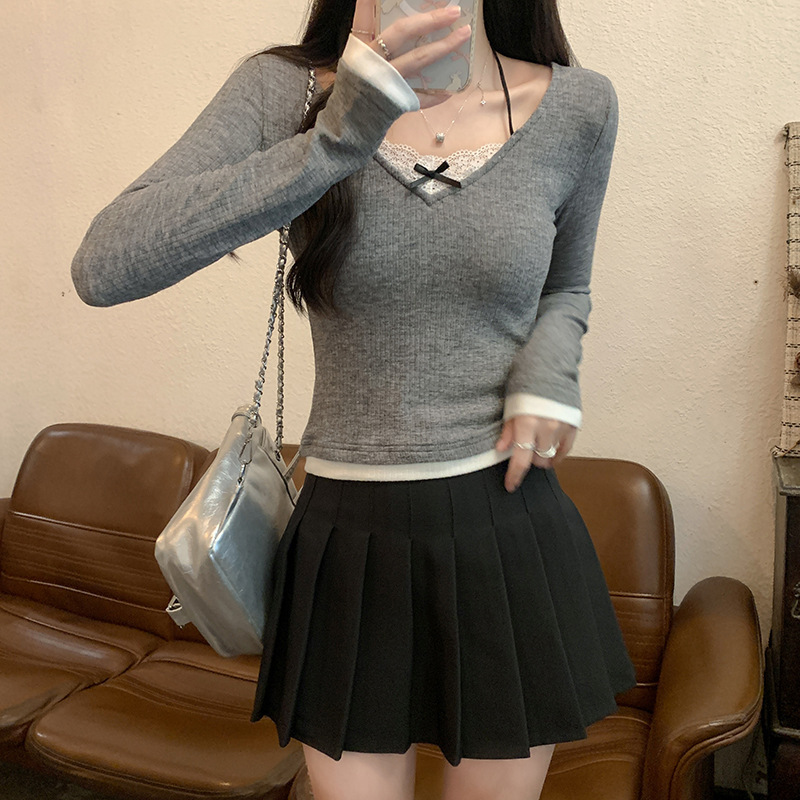 甜美风假两件独特别致短款上衣女秋冬女装长袖内搭蕾丝边针织毛衣|undefined