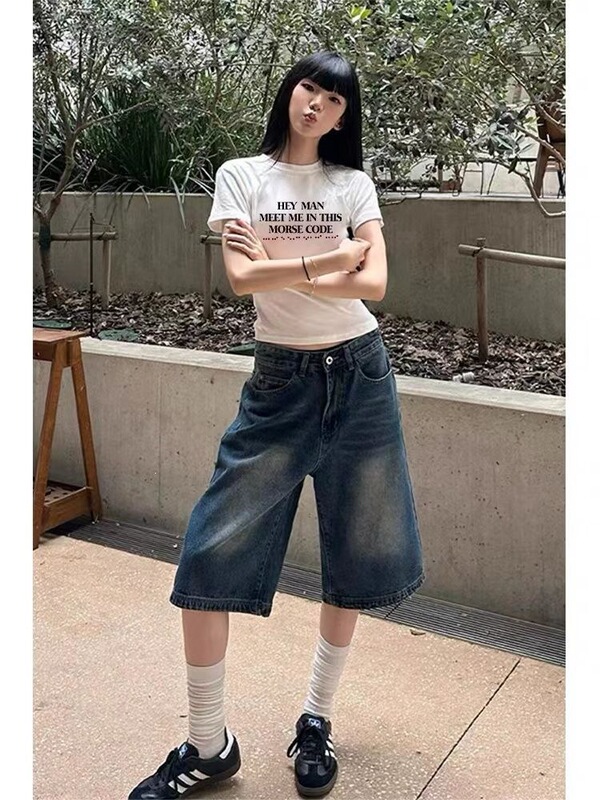 Plus-Size Vintage Denim Shorts for Women, Spring/Summer, Loose Fit, Washed and Distressed, Straight-Leg, Mid-Length, Loose Drape, Wide-Leg, Seven-Quarter Pants