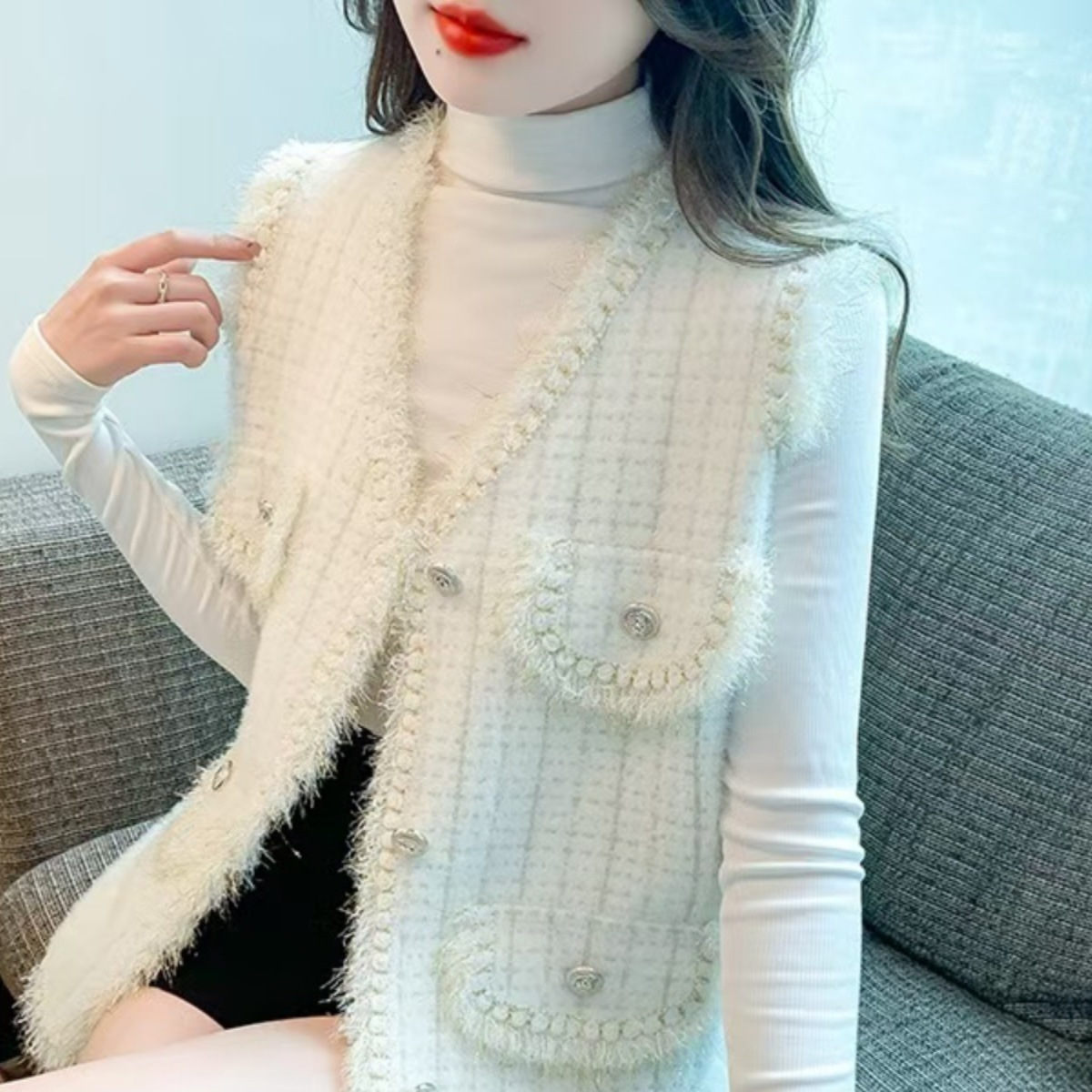 小香风马甲女款针织背心2025年秋冬季新款水貂绒宽松外套毛衣上衣