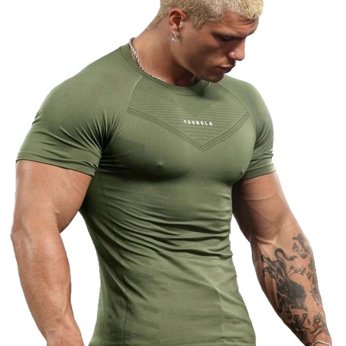 YOUNGLA Men's T-shirt Sports Fitness Quick Dry Breathable Elastic Fitness Wear Jogger Outdoor Running Basketball Wear 
