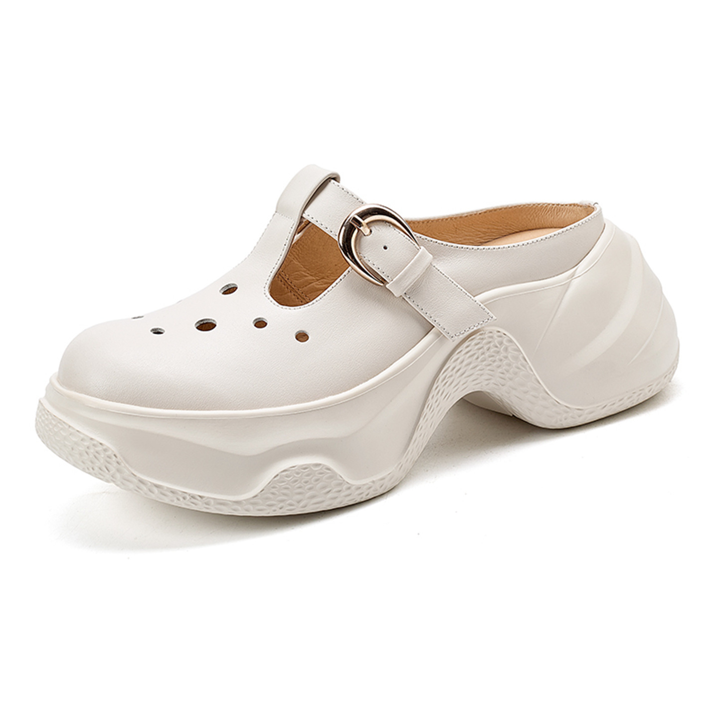 Dép sandal nữ đế bánh mì da bò mũi trùm quai chữ V — đen