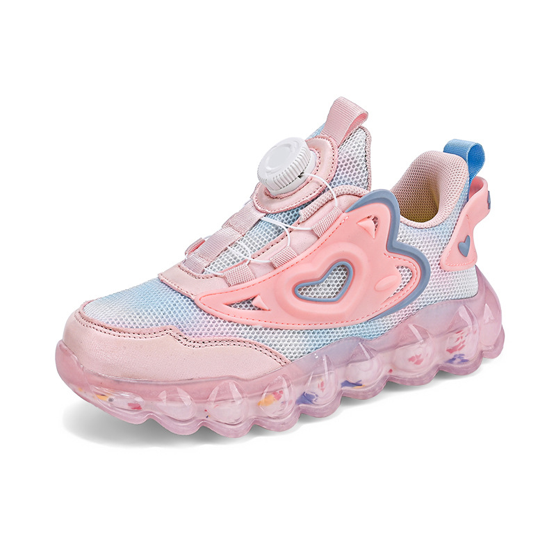 Comercio exterior transfronterizo para niñas, primavera y verano 2025, zapatos deportivos transpirables de malla para niños, zapatos para correr con hebilla giratoria para niños y niñas de mediana edad